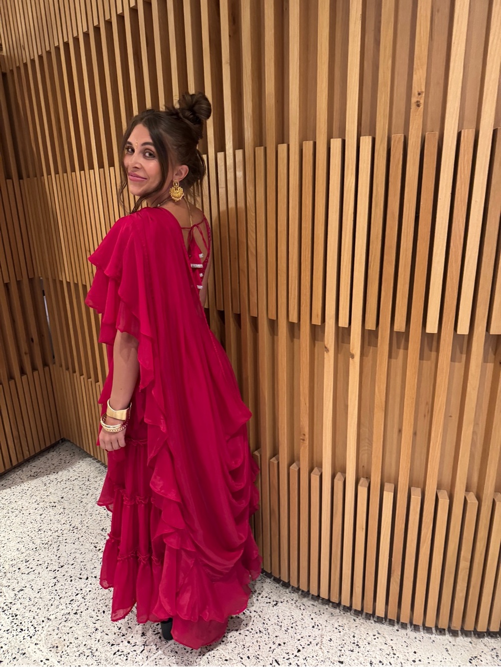 Hot Pink Crop Top Sharara Saree, Ruffle Drape, Hand Embroidered